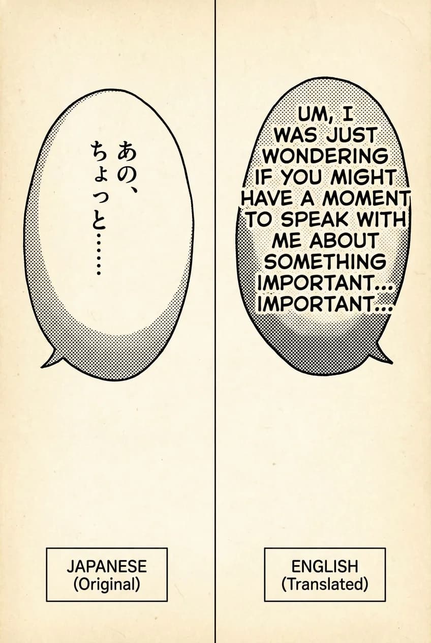 Comparison of a manga speech bubble with short Japanese text versus longer English translation