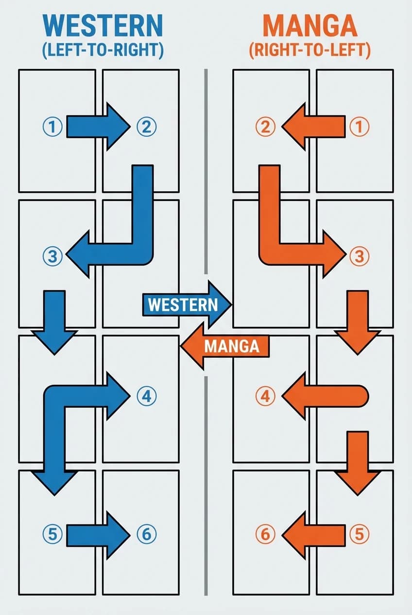 Diagram showing manga right-to-left reading direction compared to Western left-to-right comics