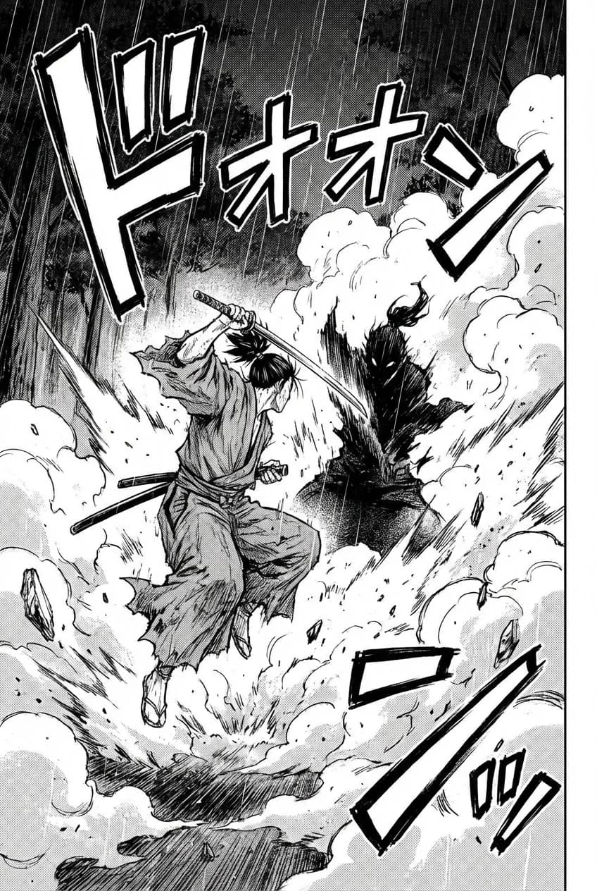 Manga panel with Japanese sound effects drawn directly into the artwork
