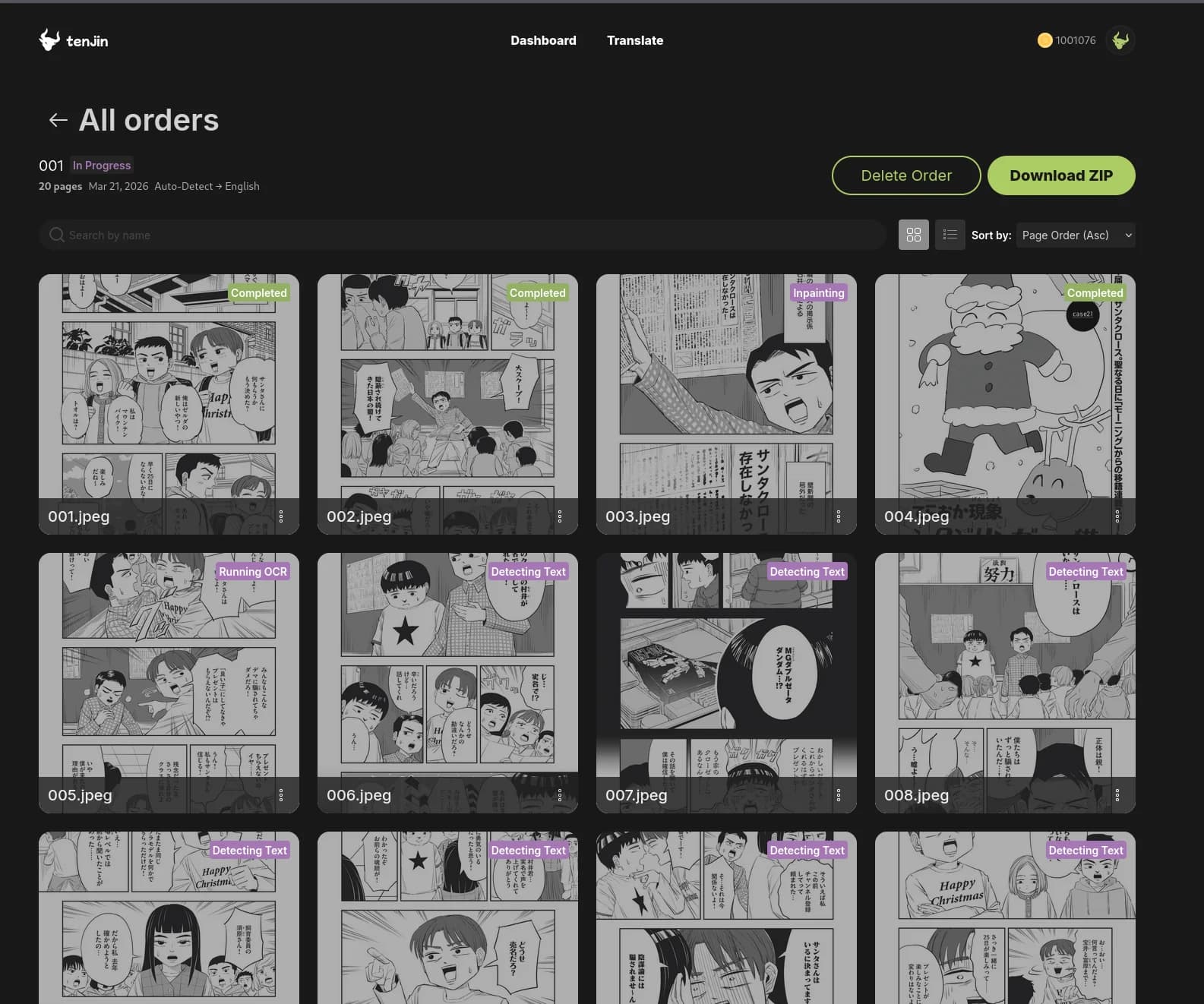 Tenjin dashboard showing manga translation orders being processed