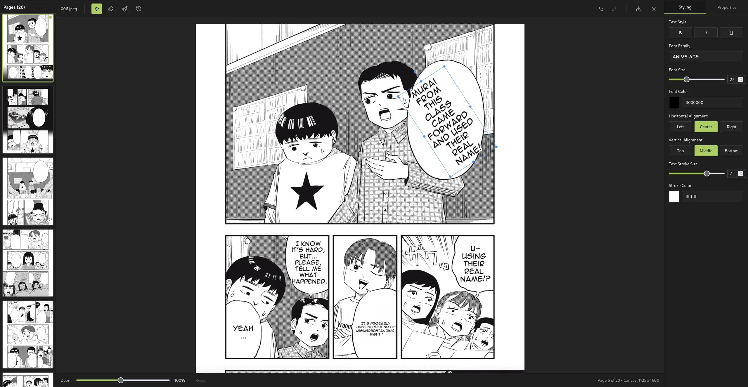 Tenjin manga editor with translated text being reviewed and edited on the page